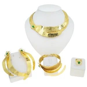 Gold Choker Jewelry Set Green Rhinestone Hammered Texture Necklace Earrings Bracelet Ring African Fashion Statement Jewelry