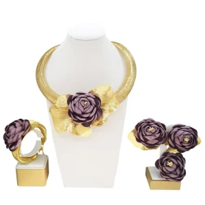 Gold Choker Jewelry Set Purple Satin Flower Pendant Necklace Earrings Bracelet Ring African Fashion Statement Jewelry