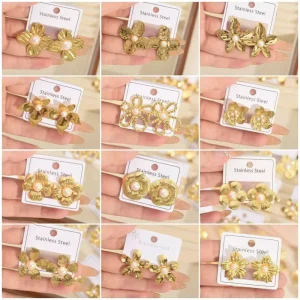 Gold Color Flower Pearl Pattern Fashion Stud Earrings for Women Vintage Stainless Steel Jewelry