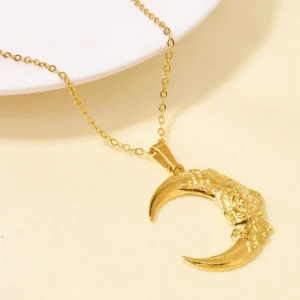 Gold Color Plated 304 Stainless Steel Crescent Moon Pendant Necklace 3D Relief Rose Flower Gothic Punk Jewelry with Cable Chain