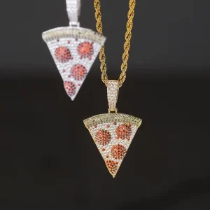 Gold Colorful Brass Mens Pendant Pizza Slice Full Pave Iced Out Cubic Zirconia Food Charm for Hip Hop Jewelry Gift Items Looks