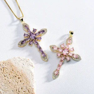 Gold Colorful Brass Womens Necklace Cross Pendant Flower Cubic Zirconia Pave Iced Out Box Chain Religious Jewelry Gift Items