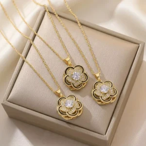 Gold Colorful Metal Necklace Camellia Flower Pendant Cubic Zirconia Rotating for Womens Girls Jewelry Styling Look