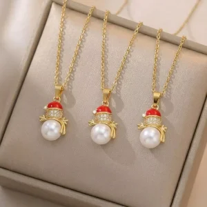 Gold Colorful Stainless Steel Chain Copper Christmas Snowman Pendant Necklace Pearl Zircon for Womens Girls Jewelry Gift Item