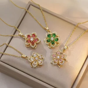 Gold Colorful Stainless Steel Necklace Flower Bauhinia Pendant Cubic Zirconia Rotating for Womens Girls Jewelry Gift Items