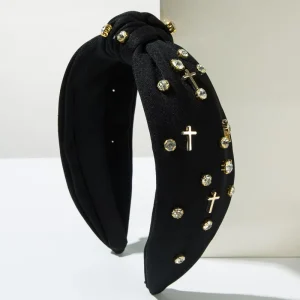 Gold Cross Rhinestone Knotted Headband Black & White Fashion Hair Hoop for Women