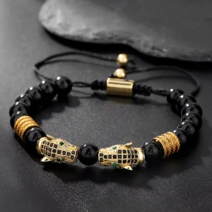 Gold Diamond Leopard Head Bracelet Black Onyx Beaded Bracelet for Men Women Graduation Party Jewelry Gifts