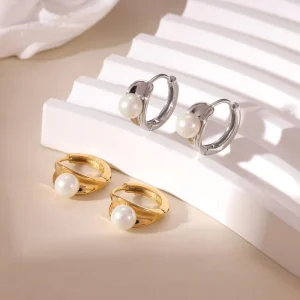 Gold Drop Earrings Vintage Pearl Hoop Earrings Stainless Steel Jewelry for Women 18k Gold