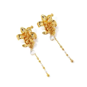 Gold Floral Stud Earrings, Chunky 3D Bloom Design, Pearl Chain Dangle