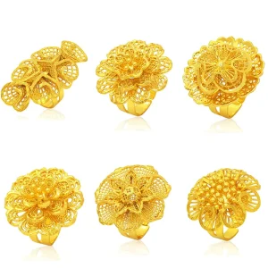 Gold Flower Ring Big Costume 14k Gold Plated Ring Jewelry Bridal Wedding Fashion Dubai Gold Rings