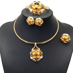 Gold Hollow Flower Brown Rhinestone 4Pcs Jewelry Set Necklace Earrings Bangle Ring Women Party Accessories HQ15051826