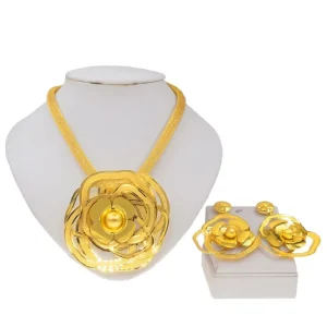 Gold Hollow Rose Jewelry Set Bold Mesh Choker Floral Earrings Elegant Statement Set for Bridal Formal Events Daily Wear