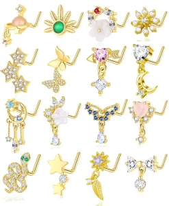 Gold Inlaid Nose Stud Moon butterfly Flower Snake Fashion Body Jewelry Piercing Jewelry Nose Ring for Women