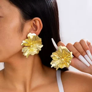 Gold Large Flower Stud Earrings Metal Gold Plated Waterproof Women Exaggerated Flower Stud Earrings for Women Jewelry