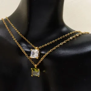 Gold Layered Necklace Square Cubic Zirconia Pendant Clear & Green Two Tone Dainty Jewelry for Women