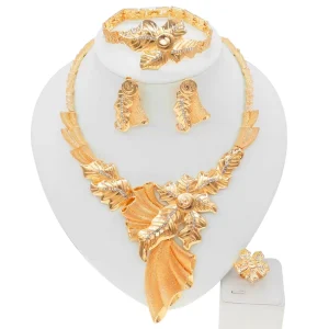 Gold Leaf 4 Piece Jewelry Set Crystal Accent Floral Y Necklace Matching Accessories Statement Set for Bridal Daily Wear