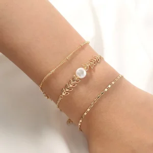 Gold Leaf Letter Bracelet Stackable White Pearl Star Fringe Bracelet for Women Beach Vacation Birthday Party Jewelry
