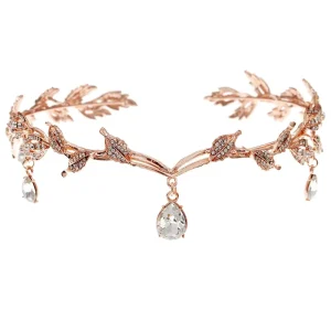 Gold Leaf Rhinestone Crown Teardrop Forehead Elf Style Bridal Party Birthday Hair Accessory Women Cosplay Photoshoot Headband
