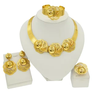Gold Mesh Floral Jewelry Set Choker Matching Accessories Hollow Circle Design Statement Jewelry for African Women Fashion Party