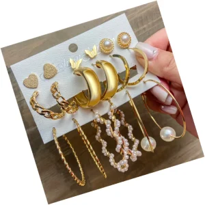 Gold Metal Geometric Pearl Circle Drop Earrings Set for Women