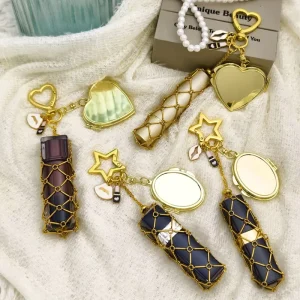 Gold Metal Key Chain Mesh Lipstick Bag Pendant with Star Heart Mirror for Women Bag Decoration for Makeup Tool
