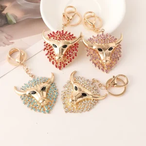 Gold Metal Statement Cattle Head Car Key Chains Rhinestone Animal Ox Head Charm Key Chain for Bag