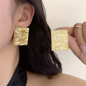 Gold Minimalism Geometric Square Stripe Metal Stud Earrings for Women Trendy Lady Streets Texture