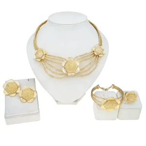 Gold Multi-Layer Mesh Chain Jewelry Set Pave Hexagon Flower Necklace Bracelet Earrings Ring Statement Jewelry