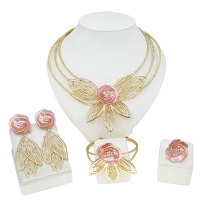 Gold Multi-Strand Rose Jewelry Set Enamel Flower Filigree Leaf Necklace Earrings Bracelet Ring Fashion Jewelry