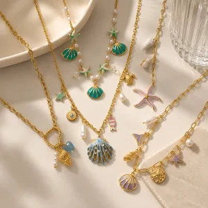 Gold Nautical Charm Necklace Set for Women Seashell Starfish Pendant Summer Beach Jewelry Stainless Steel