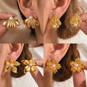 Gold Plated 18k Stud Earrings with Pearl French Style Geometric Flower Stainless Steel Earrings for Women