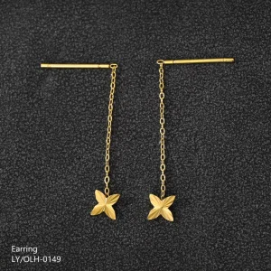 Gold Plated 304/316 Stainless Steel Long Drop Four Leaf Clover Earrings