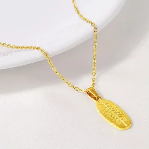 Gold Plated 304 Stainless Steel Geometric Oval Medallion Necklace Embossed Botanical Leaf Pine Tree Charm Jewelry for Women