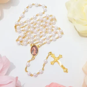 Gold Plated 8mm Beads Imitation Pearl Rosary Necklace Our Lady Guadalupe Alloy Cross Pendant Catholic Religious Prayer Jewelry