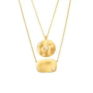 Gold Plated 925 Sterling Silver Pearl Square and Round Pendant Necklace