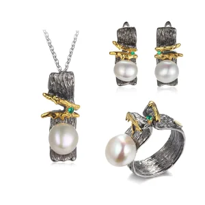 Gold Plated Baroque Pearl Pendant Earrings Bridal Women Jewelry Set With Green Spine