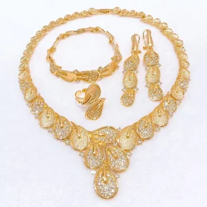 Gold Plated Big Jewelry Set Rhinestone Leaf Bridal Set Necklace Earrings Bangle Ring
