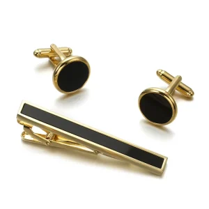 Gold Plated Black Agate Stone Cufflinks Tie Clips Custom Mens Suit Shirt Fashion Accessory Wedding Tuxedo Trendy Gift