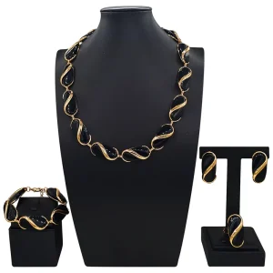 Gold Plated Black Enamel Twisted Oval 4Pcs Jewelry Set Necklace Women Daily Dinner Party Bold Jewellery HC2500414