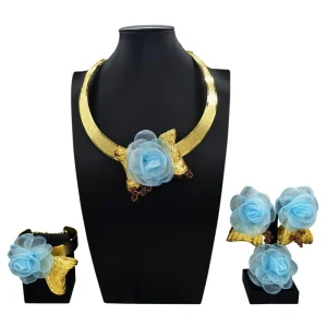 Gold Plated Blue Grey Fabric Rose Flower Jewelry Set for Women African Dubai Wedding Bridal Choker 4Pcs Jewelry MY156