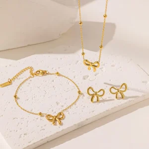 Gold Plated Bow Knot Bracelet Earrings Jewelry Set Adjustable Stainless Steel Beads Bowknot Pendant Necklace for Women Girl Gift
