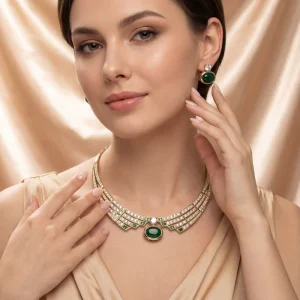 Gold Plated Brass Cubic Zircon Necklace Earrings Bridal Wedding Jewelry Set