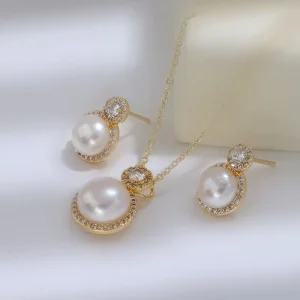 Gold Plated Brass Fashion Pearl Jewelry Set Natural Freshwater Pearl Necklace and Earrings for Women Gift