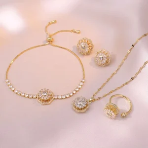 Gold Plated Brass Jewelry Set Rotatable Flower Necklace Bracelet Zircon Earrings Ring Women Engagement Gift Wedding