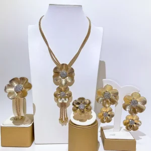 Gold Plated Brushed Flower Tassel Jewelry Set 4PCS Dubai African Bridal Wedding Necklace Earrings Bracelet Ring I0167
