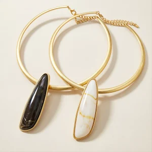 Gold Plated Brushed Iron Collar Alloy Teardrop Resin Pendant Necklace Marble Swirl Minimalist Statement Women Party