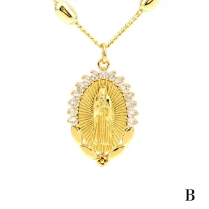 Gold Plated CZ Paved Virgin Mary Pendant Necklace Copper Beads Cuban Chain Religion Jewelry Accessories