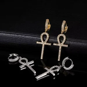 Gold Plated CZ Zircon Ankh Cross Earrings Iced Out Egyptian Key of Life Hip Hop Earrings for Men Women