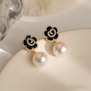 Gold Plated Camellia Earrings Korean New Fashion Pearl Earrings Flower Design Small Drop Earrings Premium Luxury Ear Jewelry