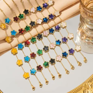Gold Plated Chain Bracelet Stainless Steel Gradient Color Five Leaf Clover Charm